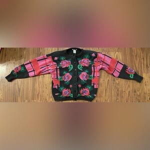 vintage 80s Gallagher medium heavy cardigan sweater rose and plaid pattern